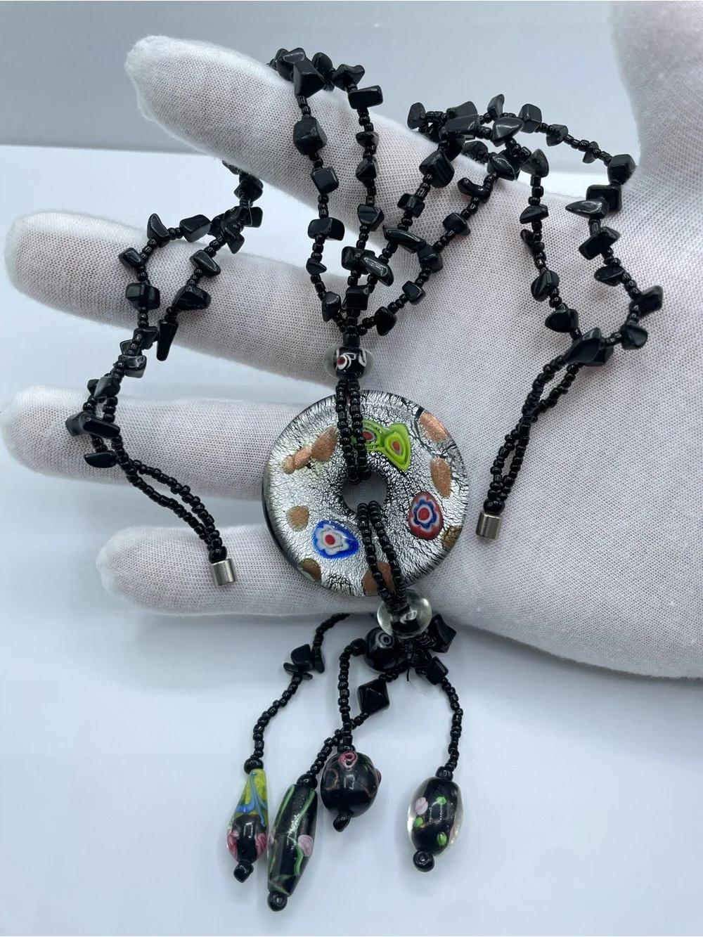 Black Crystal Glass Beaded Blown Glass Medallion Tassel Statement Necklace